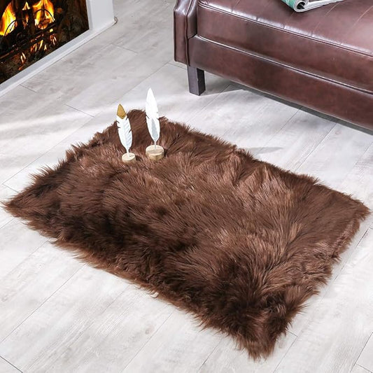 Carvapet 2x3 Brown Faux Sheepskin Area Rug – Fluffy Shaggy Soft Fur Floor Mat, Plush Bedside Carpet and Sofa Cover for Bedroom, Living Room, Nursery