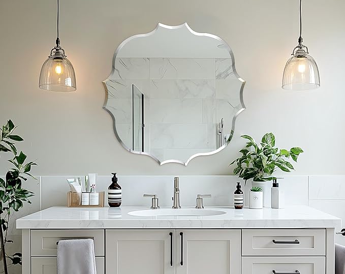 Frameless Scalloped Wall Mirror: Decorative Scallop Round Mirrored Glass Vanity with Beveled Silver Edge for Bathroom Bedroom Livingroom Dining Room Entryway Hallway, 24 x 24 inch