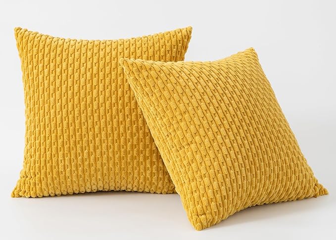Kevin Textile Throw Pillow Covers Soft Corduroy Decorative Set of 2 Boho Striped Pillow Covers Pillowcases Farmhouse Home Decor for Couch Bed Sofa Living Room 18x18 Inch Mustard Yellow