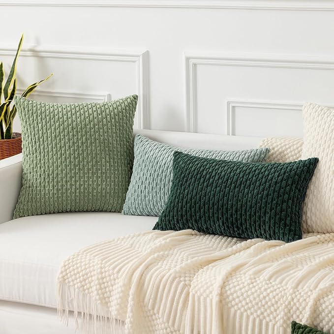 Kevin Textile Christmas Decorative Pillow Covers Set of 2 Striped Plush Corduroy Pillows Pillowcases Boho Home Decor Cushion Covers for Couch Sofa Bed Living Room 18x18 Inch, Army Green