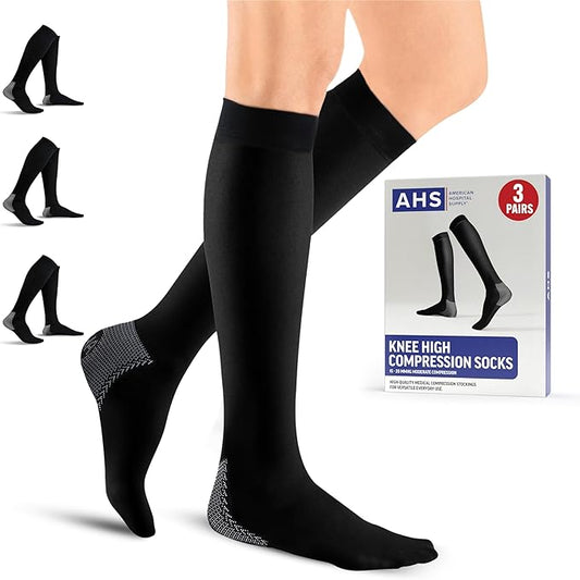 American Hospital Supply – Knee High Compression Socks – 15–20 mmHg, Black, X-Large – Lightweight Medical Stockings – Pack of 3 Pairs