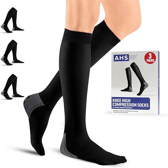 American Hospital Supply – Knee High Compression Socks – 15–20 mmHg, Black, Medium – Lightweight Medical Stockings for Daily Wear – Pack of 3 Pairs