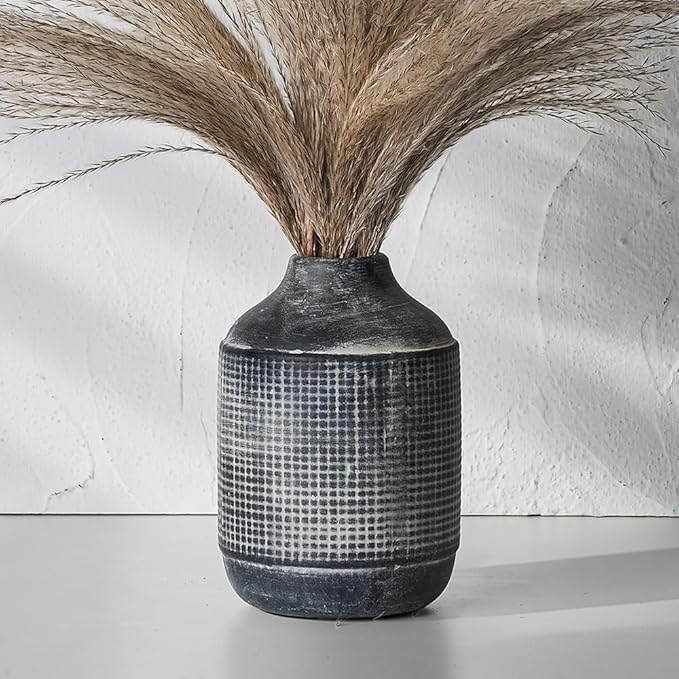 SIDUCAL Ceramic Rustic Farmhouse Vase, Sand Glaze Finish Boho Vase, Pottery Decorative Flower for Home Decor, Table, Living Room Decoration, Shelf Decor, Mantel, 7.4 Inch, Black