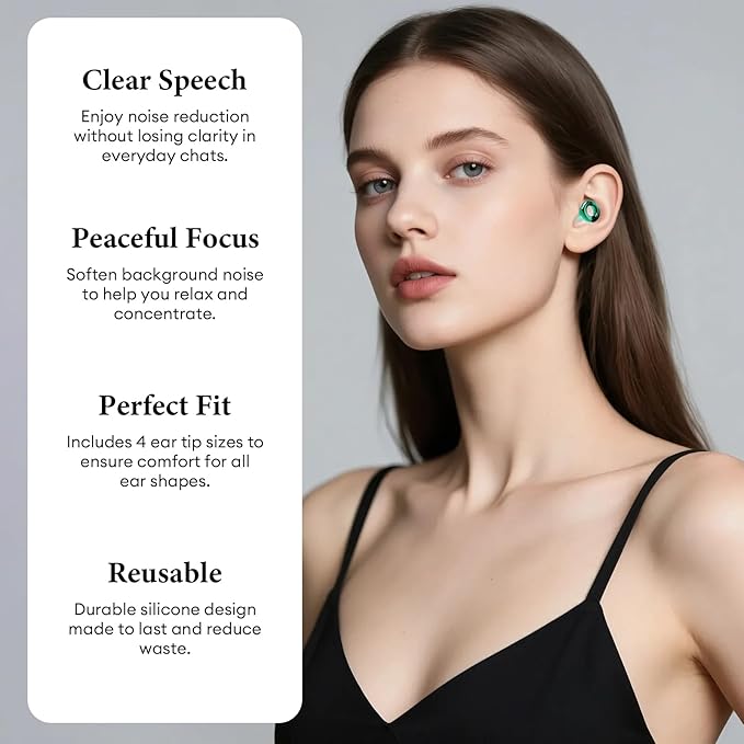 Noise Cancelling Ear Plugs 45dB – Reusable Silicone Earplugs for Sleeping, Snoring, Travel, Concerts & Work with 8 Eartips – Soft Comfortable Hearing Protection (Green, One Size)