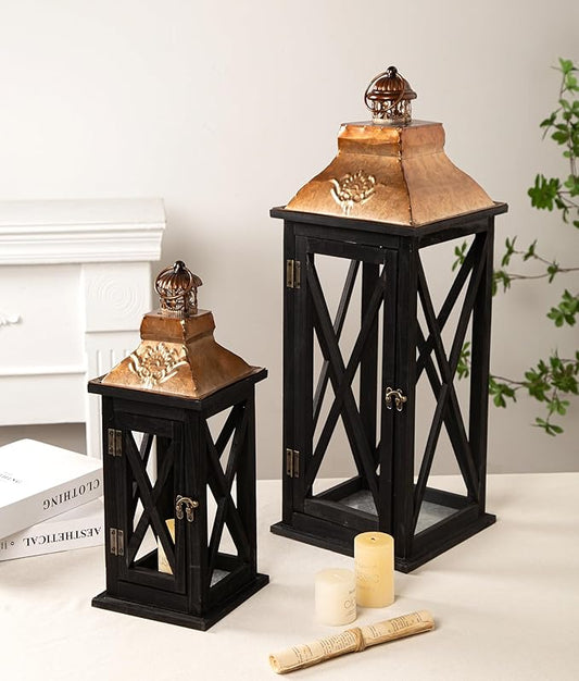 Large Farmhouse Wooden Lanterns with Metal Top, Decorative Floor Lanterns Set of 2, Black Frame with Rustic Gold Accents, Indoor/Outdoor Hurricane Lanterns for Home Decor (No Glass)
