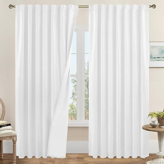LAMIT White 100% Blackout Linen Curtains 84 Inches Long, Linen Textured Living Room Farmhouse Curtains Full Room Darkening Back Tab and Rod Pocket Panels with White Liner, 2 Panels, 60 x 84 Inch