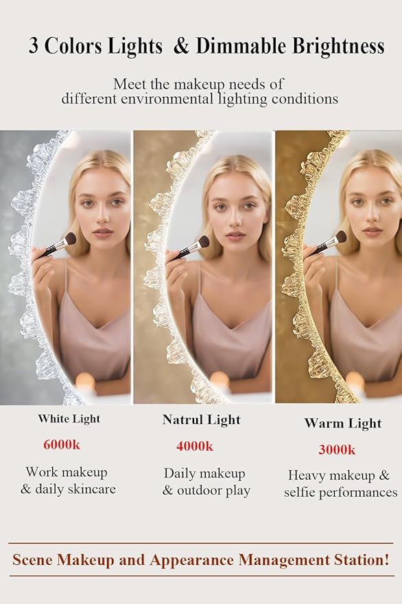 Crystal LED Vanity Mirror with Touch Control 3 Color Lights, Dimming 360° Rotation Desktop Elegant Decorative Hollywood HD Makeup Mirror