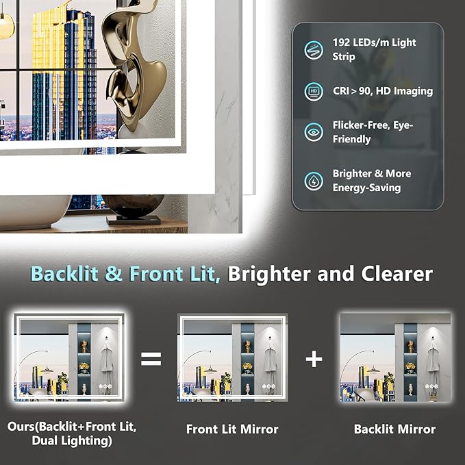 38x38 LED Bathroom Mirror with Lights, Backlit & Front Lit, Anti-Fog Lighted Vanity Mirror for Bathroom Wall, 3 Colors, Dimmable, Memory, HD Tempered Glass, Shatter-Proof, CRI>90, ETL Listed