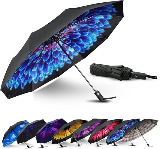 LLanxiry Compact Travel Umbrella, Automatic Open/Close Windproof Umbrella, 10 Fiberglass Ribs, 210T Pongee, UPF 50+ Sun/Rain, Lightweight Portable Umbrellas Travel Size with Carry Sleeve