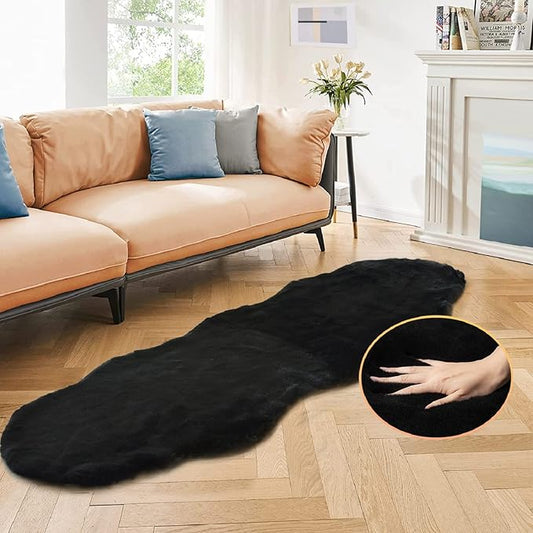 Black Shag Washable Fluffy Fur Area Rugs for Bedroom Living Room Faux Rabbit Fur Nursery Rug 2x6 Cute Shaped Rug Room Décor