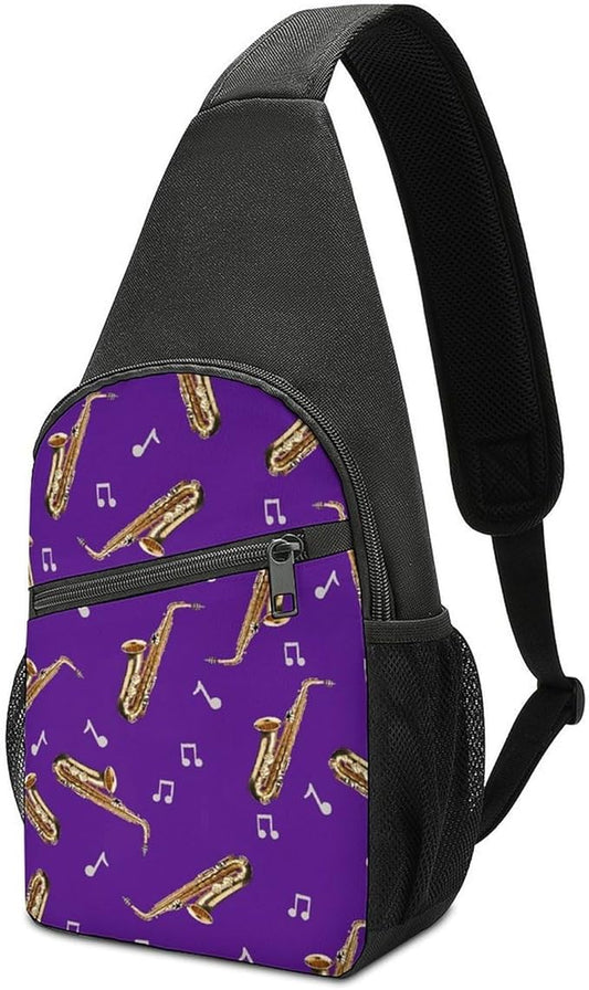 SWEET TANG Womens Fashion Gym Bags Anti Theft Crossbody Shoulder Chest Bag with Small Pocket, Multipurpose Daypack Bag for Cycling Traveling Hiking, Saxophone And Music Purple