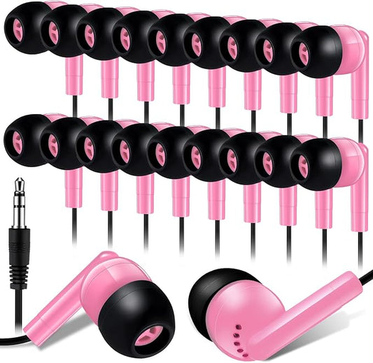 Kanayu 100 Pack Wired Earbuds Bulk for Classroom Ear Headphones Wired Basic Student Earbuds No Microphone with 3.5MM Jack for Class Laptop School Library, Individually Bagged (Pink)