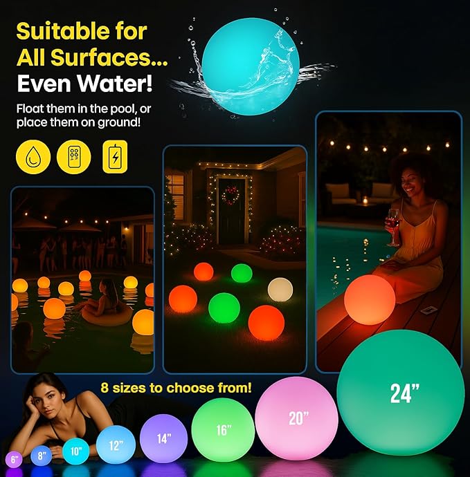 Vandue Color-Changing LED Light Ball – Rechargeable Glow Sphere with Remote – IP65 Waterproof RGB Night Light for Indoor/Outdoor, Pool, Garden, Party & Decor (10 Inch)