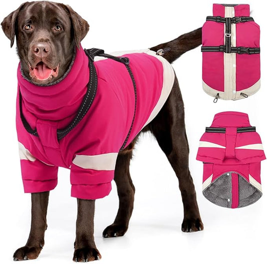 MIGOHI Reflective Dog Winter Coat,Warm Dog Jacket with Harness,Fleece Jacket for Large Dogs,Waterproof Pet Puffer Jacket Snowsuit,Windproof Pet Clothes for Cold Weather,Australian Shepherd,XL,Rosered