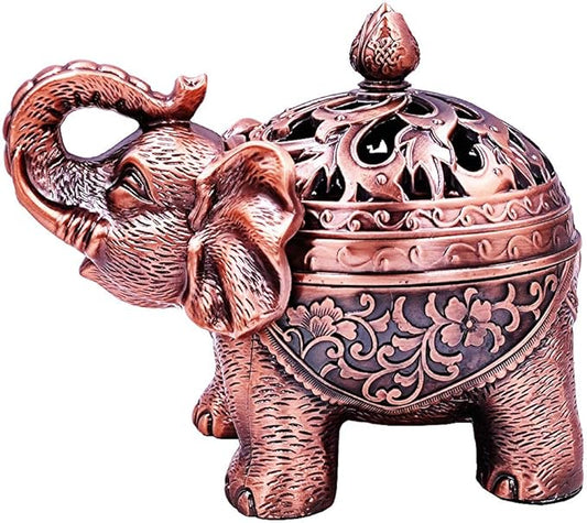 Hourwof Metal Elephant Incense Holder,Vintage Cone Coil Incense Burner with Lid,Ash Catcher,Aromatherapy Ornament Home Office Decor,Red Copper