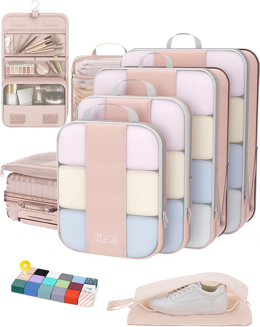 OlarHike 8 Set Compression Packing Cubes,Christmas Gifts for Women Mom Girl,Compressible Expandable Luggage Clothes Organizer for Travelers,Airplane/Cruise/Car/Train Travel Essentials(Beige2)