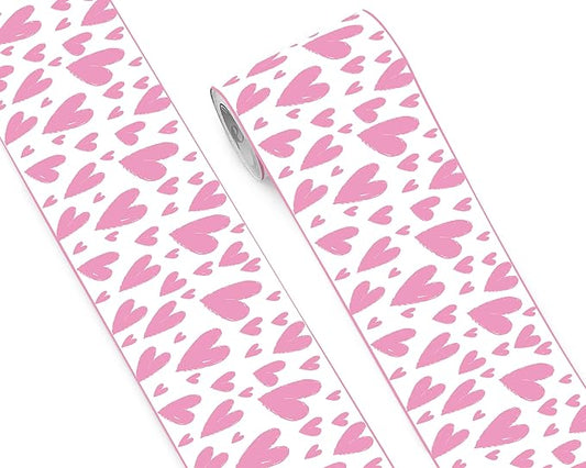 FLFK Pink Heart Wallpaper Border - Peel and Stick Wall Paper, Self Adhesive Removable PVC Borders Sticker, Modern Waterproof Trim for Home Decor, 7" x 240"