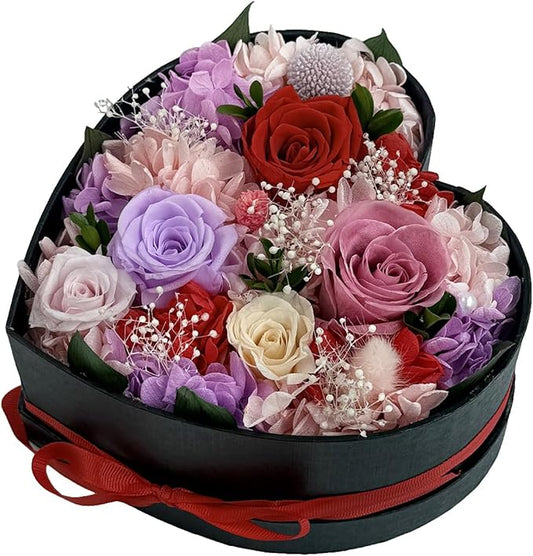 Preserved Roses Heart Shape Box Valentines Day Gifts for Her Mothers Day Forever Flowers (Multicolor-red, One Size)