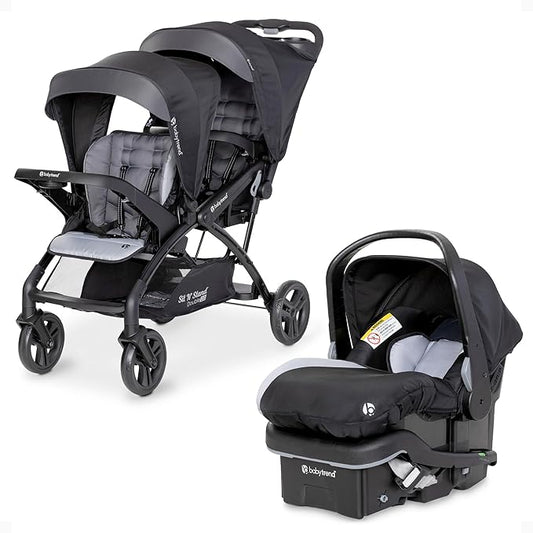 Baby Trend Infant and Toddler Double Stroller & Car Seat Combo, 2 Pc Set, Stormy - Lightweight and Compact Travel Stroller and Carseat Tandem for Babies, Infants, and Toddlers