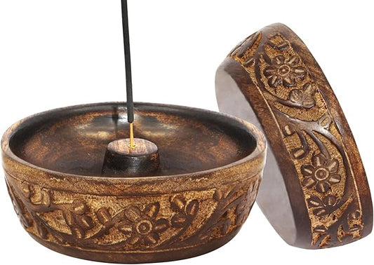 COTTON CRAFT - Wooden Incense Holder - 2 Pack Hand Carved Floral Incense Burner - Ash Catcher Bowl - Incense Sticks Aroma Room Freshener Zen Home Décor Gift - Yoga Meditation - 5 x 5 x 1.5 - Natural