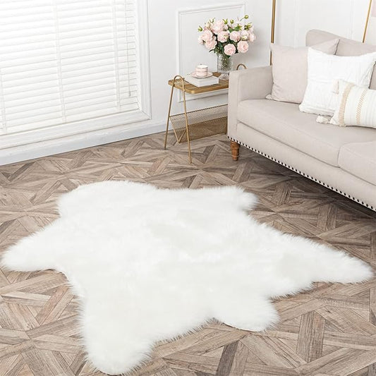 Faux White Bear Rug Faux Cowhide Carpet Animal Print Area Rug Faux Sheepskin Fur Rug Decor for Living Room 5.1x6.1 Feet White