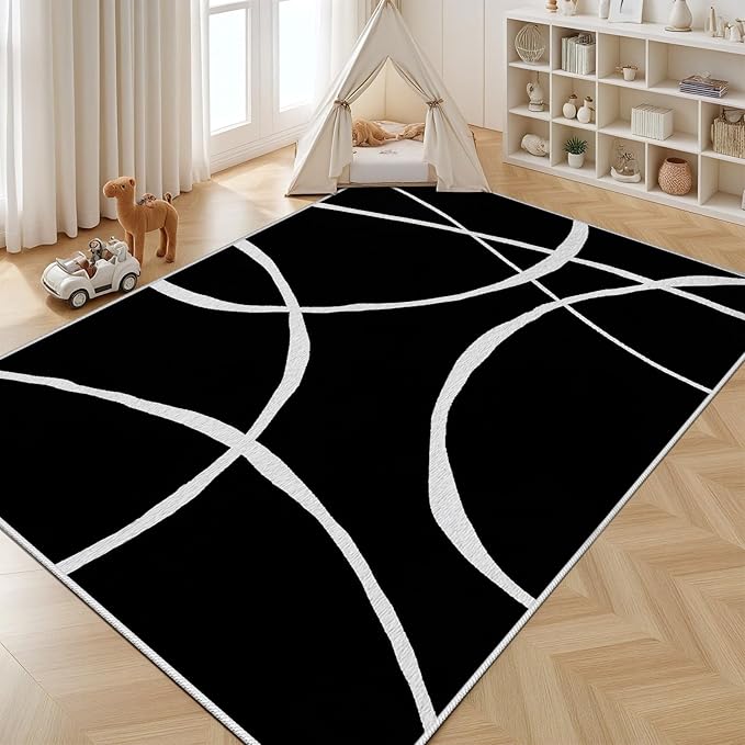 Black and White Rugs, Abstract Rug, Modern Minimalist Rug, Curved Line Design Carpet, Black and White Abstract Rugs Washable Non Slip Home Decor 3x4
