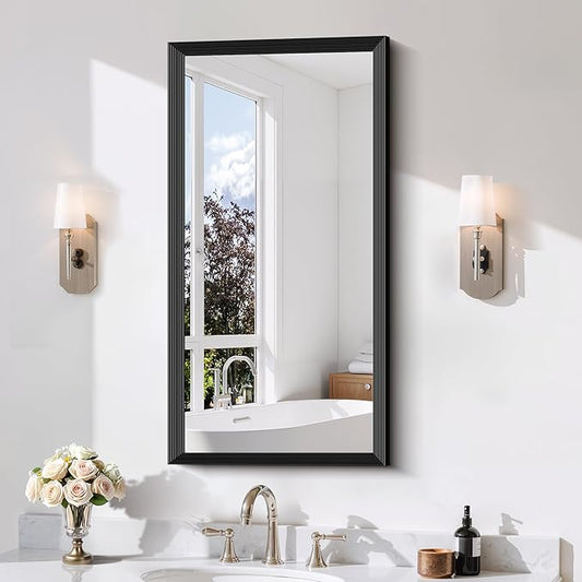 Black Bathroom Mirror 20 x 40 Inch Rectangle Wave Beveled Frame for Wall Bathroom Vanity Mirror for Over Sink, Tempered Glass,for Entryway Hangs, Bathroom Living Room Horizontal or Vertical