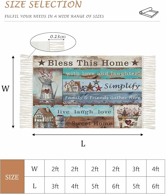 Turquoise Blue Brown Entryway Rug 2X3 Ft Bathroom Mat, Washable Woven Vintage Barn Rustic Cabin Throw Carpet with Tassel, Non-Shedding Country Star Farm Wooden Plank Indoor Outdoor Kitchen Doormats