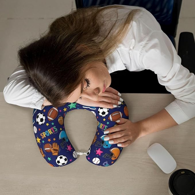 Travel Neck Pillow for Pain Relief Sleeping, Ice Hockey Ball Soccer Basketball Baseball Football Sport, Memory Foam Chin Head Cushion Support with Zip Cover, Fashion Car Flight Pillows