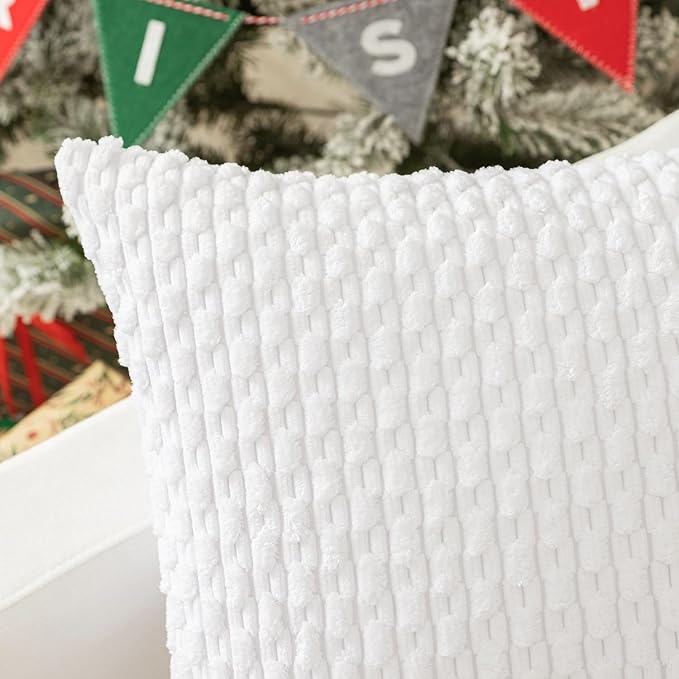 Kevin Textile 2 Packs Throw Pillow Covers for Couch Striped Velvet Cushion Covers for Chair 40x40 cm 16 x 16 Inch Pure White