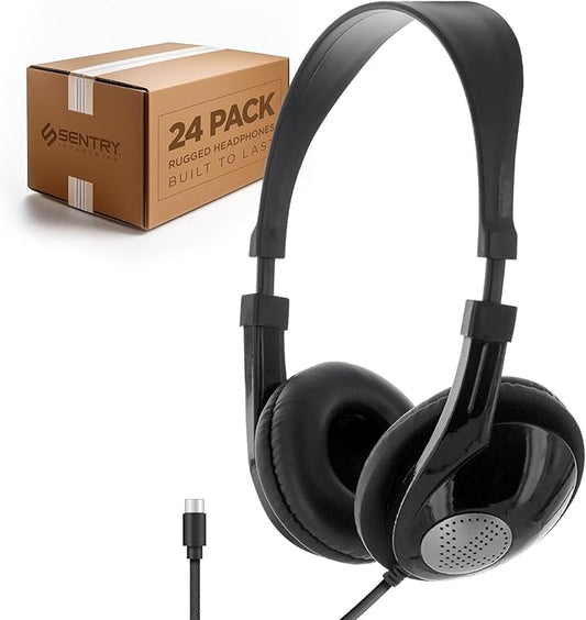 SENTRY Bulk Rugged School Headphones, Durable for Kids, Students, Teachers, Classrooms, 3.5mm or USB-C Jack Options, Optional Boom Mic for Online Learning (24 Count - USB C With Inline Mic, 24, Count)