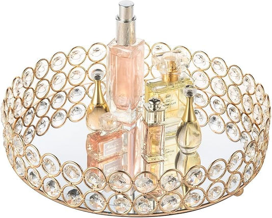 Feyarl Crystal Perfume Tray Makeup Cosmetic Vanity Organizer Jewelry Trinket Display Storage Mirrored Decorative Tray Skin Care Tray for Dresser Home Deco Birthday Gift(Round 10" inch) (Gold)