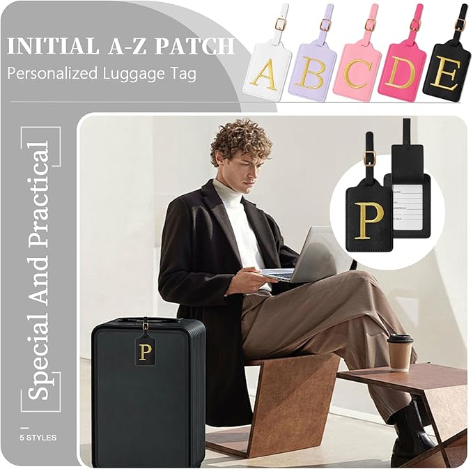 Personalized Initial Luggage Tags for Suitcase TSA Approved, Black Leather Cute Luggage Tag with Privacy Cover Name Card, Embroidered Custom Luggage Tags Travel Backpack Tags Gifts for Women Kids(P)
