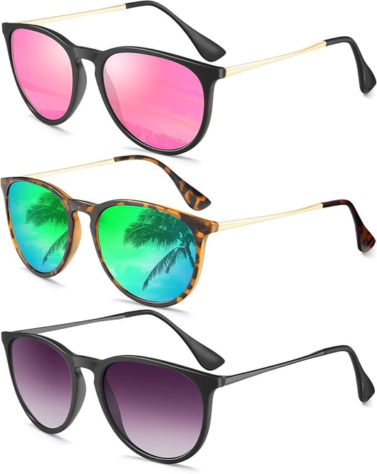 Sunglasses Womens Polarized Sunglasses-Women: Retro Round Sun Glasses with UV400 Protecion Trendy 3 Pack