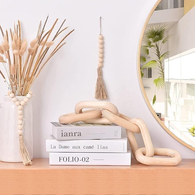 Decorative Wood Chain Link Modern Boho Home Farmhouse Decor, 5 Link Chain Decor Hand-Carved Wooden Aesthetic Crafts, Sustainable Pine Wood for Shelf, Living Room, Rustic Country