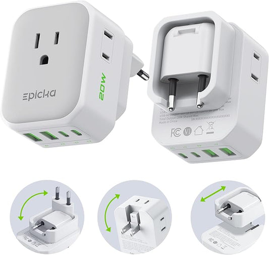 EPICKA Hybrid European Travel Plug Adapter, 2 Packs Foldable & Detachable Type C (EU) VisaPlug, 8-IN-1 International Power Adapter with 4 USB Ports (2 USB-C PD 20W), Travel Essentials for US to Europe