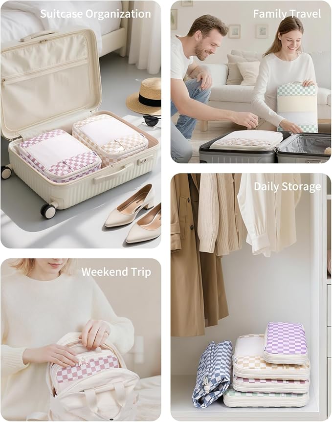 Narwey 5 Set Compression Packing Cubes for Travel, Luggage Packing Organizer Bags for Carry on Suitcase, Expandable Checkered Storage Bags with Laundry & Handle (Combined Checkered)
