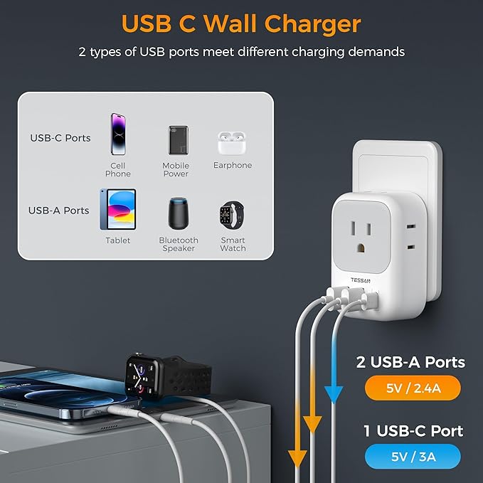 Italy Travel Plug Adapter 2 Pack, TESSAN Italy Power Adaptor with 4 Outlets 3 USB Charger (1 USB C Port), Type L Adapter for US to Chile Libya Syria Tunisia Uruguay