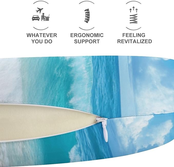 Memory Foam U-Shaped Travel Pillow Neck Pain Relief, Ocean Beach Blue U-Shape, Removable Cover Airplane Car Office