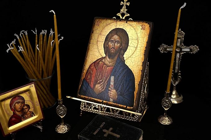 Set of 2 Theotokos Design Brass Candle Holders and 20 Pure Beeswax Church Candles, Orthodox Tapers, Home Altar