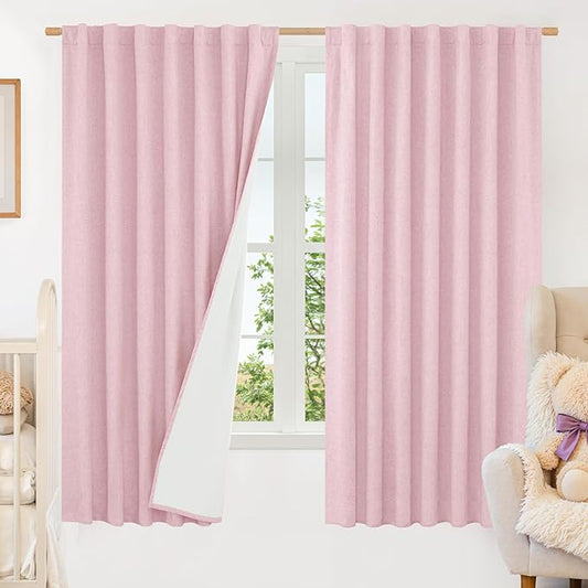 LAMIT 100% Blackout Linen Curtains 63 Inches Long, Linen Textured Living Room Farmhouse Curtains Full Room Darkening Back Tab and Rod Pocket Panels with White Liner, 2 Panels, Pink, 60 x 63 Inch