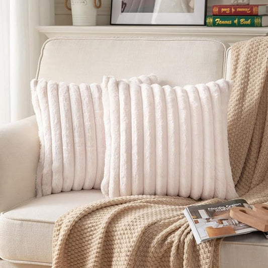 DEELAND Pack of 2,Double-Sided Faux Fur Plush Decorative Throw Pillow Covers Fuzzy Striped Soft Pillowcase Cushion Covers for Sofa Couch Bedroom Beige 16x16 inch