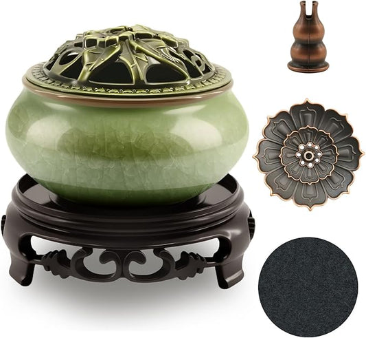 Ceramic Incense Burner with Lotus Incense Holder, Multi-Functional Incense Burner Holder for Incense Sticks, Coil Incense and Cones, Perfect Home Decor