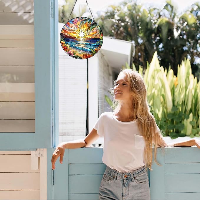 Beach Sunset Sun Catcher Stained Glass Window Hanging 6'', Beach Lovers Gifts for Women Kitchen Decor Landscape Decoration for Home Garden Housewarming Gifts