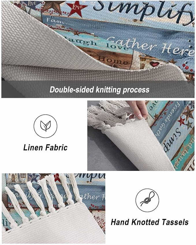 Turquoise Blue Brown Large Runner Rug 4X6 Ft Living Room Area Rug, Washable Woven Vintage Barn Rustic Cabin Throw Carpet With Tassel, Non-Shedding Country Star Farm Wooden Plank Bedroom Office Carpets