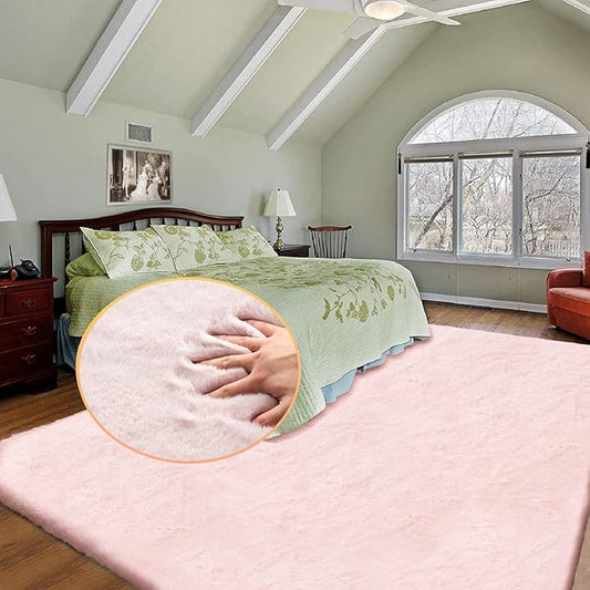 Living Room Rugs 8x10 Area Rugs for Bedroom Pink Shag Washable Faux Rabbit Fluffy Fur Rug Large Boho Nursery Rug