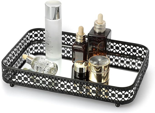 ELLDOO Black Perfume & Makeup Vanity Tray - Hollow-Carved Jewelry Storage, Glass & Metal Trinket Organizer for Dresser & Bathroom Countertop, Medium Size