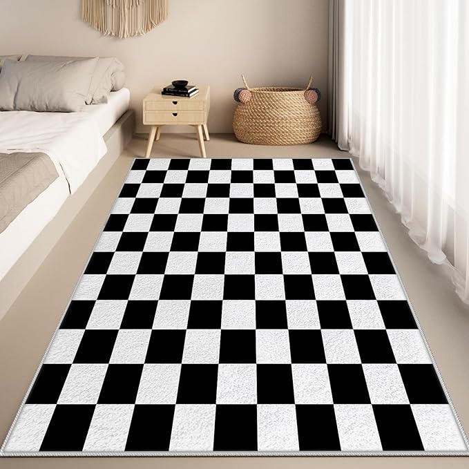 Black and White Checkered Rug for Living Room, 7x10 Area Rugs, Checkered Area Rug, Geometric Plaid Large Rugs, Washable Non Slip Retro Carpet Home Floor Decor