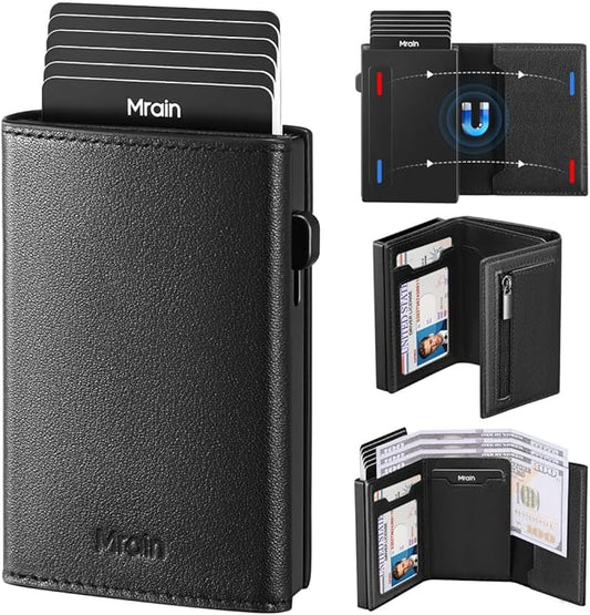 Mrain Mens Slim Minimalist Wallet Card Holder with Coin Pocket, Cash Slot, Magnetic Closure, Pop Up Aluminum Case, ID Window, Leather Wallet, RFID Blocking, 9-13 Card Capacity (Black)
