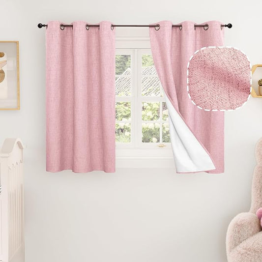 Lajode Baby Pink Linen Blackout Curtains for Nursery 40 Inch Length 2 Panels, Short Thermal Insulated Boho Total Black Out Noise Reducing Small Window Curtains for Girls Bedroom, Each 38 Inch Wide